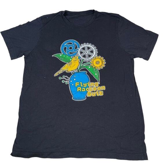 Flying raccoon suit t-shirt 'Canary' black tee. Art by Mikaela Jane SZ M - Picture 1 of 4